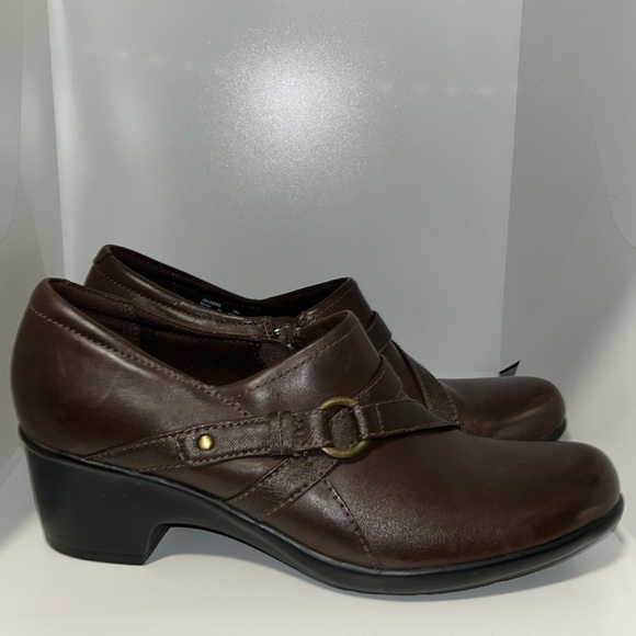 Clarks Shoes - Clarks Genette Arc Women's Brown Leather Heeled Clog Loafers Slip-On Size 9